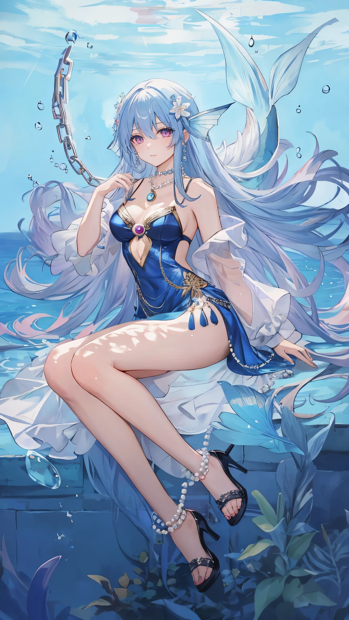 海long blue hair,close up,dream world,Mermaid girl, 海long blue hair,Nice pink eyes,underwater,tear nevus,Mermaid ears,(pearl head chain,necklace),necklace,Long off-the-shoulder blue dress,humanoid, Poseidon temple background, her skin is white, fair complexion,pink eyes,long blue hair, High heel,black legs,tattoo