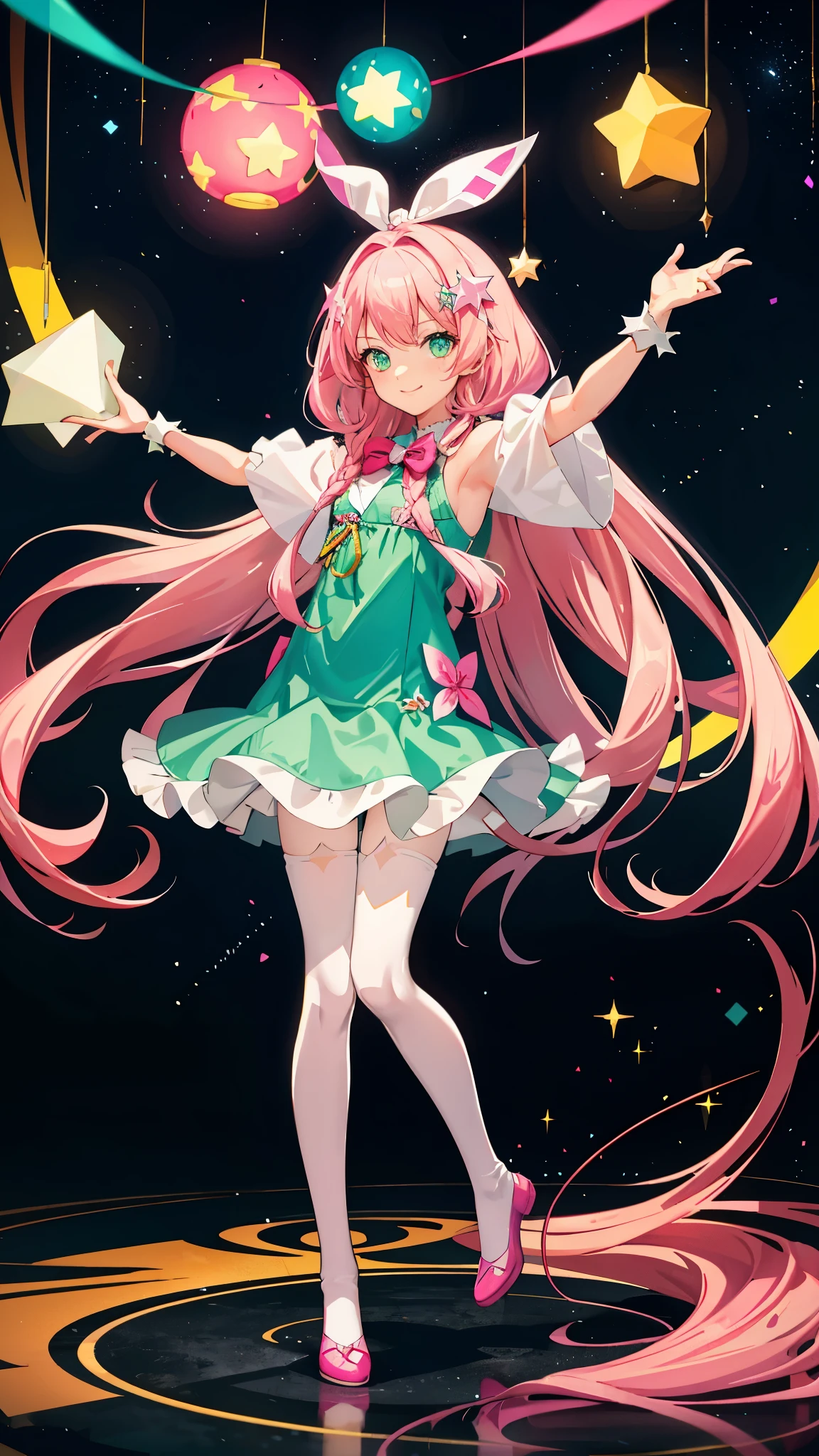 Fusion between Miku Nakano and Flora,, Official art、Beautifully Aesthetic:1.2)、patterns、Hair spreads throughout、4k, excellent quality, Ultra Detail, Soft Light, Deep Focus Bokeh, Ray Tracing, --niji 5. Nakano Miku from the quintessential quintuplets, Miku Nakano, long fluffy pink brown hair, blue eyes, nakano_miku, iridescent, blue headset, hair strand falling across face, Flora from Winx, splendid, iridescent, dynamic pose, moving, excellent character design, full body pose, full body, full body shot, perfect face, neat, clean, perfect definition