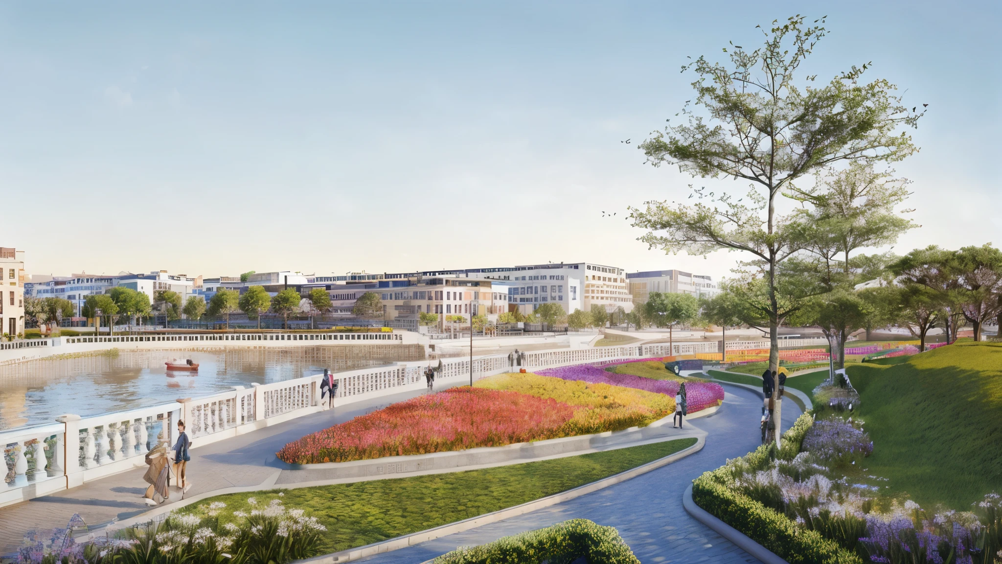 there are people walking along a path near a river, artist's impression, riverside, beautiful image, photo from 2022, artist impression, vibrant and dynamic, phuoc quan, digital artwork, vibrant realistic, hoang lap, artistic impression, port city, hyper-realistic render, hyper - realistic render, majestic masterpiece, photo realistic image, rendering