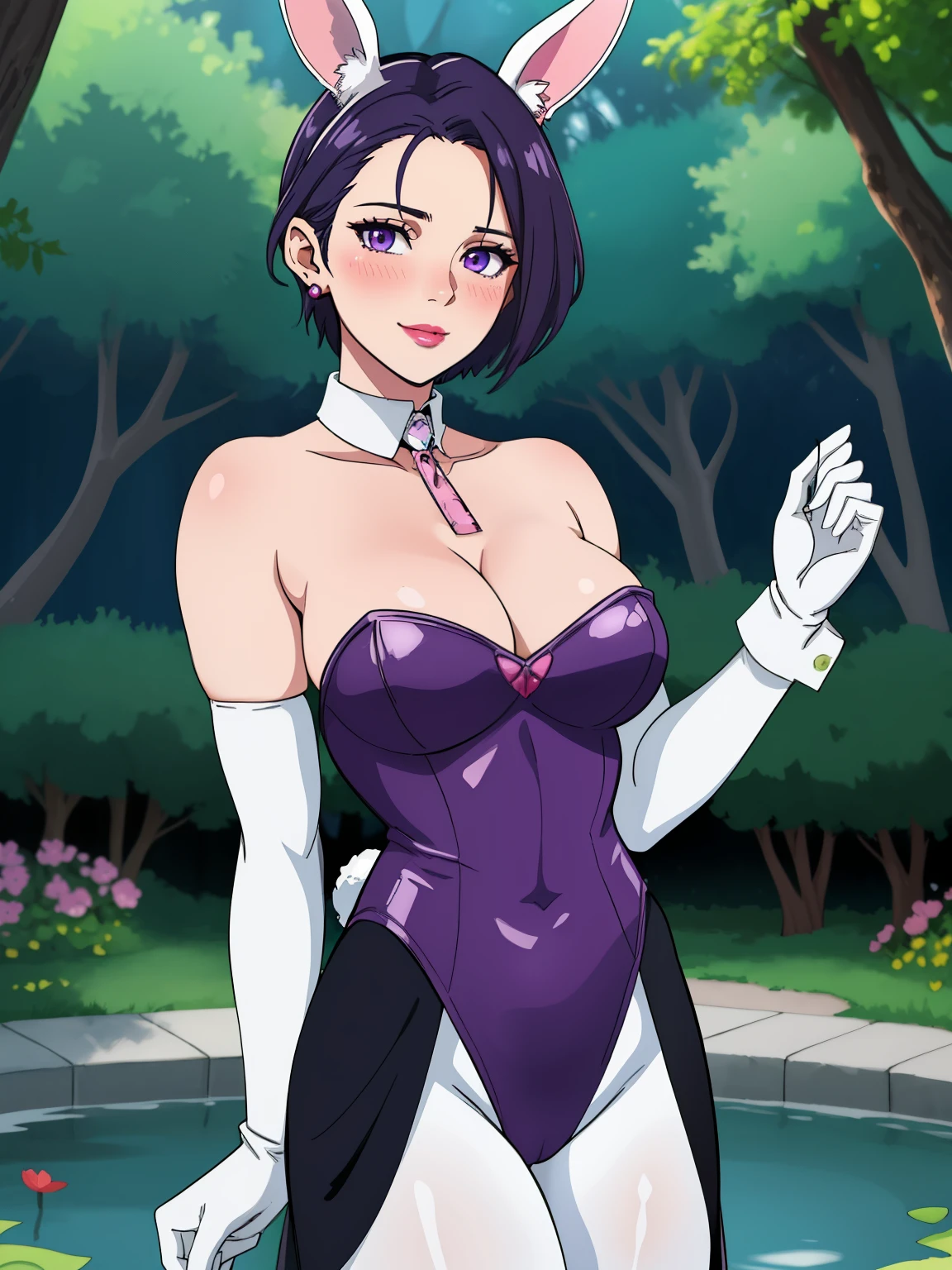 1girl, defShamir, collar ,lipstick, purple eyes, blue eye shadow, solo, perfect breasts, earrings glossy lips ,looking at viewer, blush, large breasts, nature, pond, trees, park, long white elbow satin gloves, holding, animal ears, cleavage, bare shoulders, jewelry, very l, gentle smile, pantyhose, earrings, fake rabbit ears, leotard, fake animal ears bunny, long white elbow gloves, white gloves, cowboy shot, sexy poses