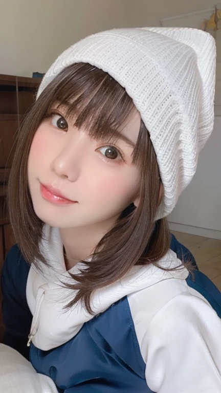 masterpiece, highest quality, one girl, beautiful girl、 (beautiful girl, delicate girl:1.3), (13 years olemely fine-grained clarity, (symmetrical eyes:1.3), (it's snowing, Diamond dust, outside:1.2), (White Winter Jacket, knit hat:1.3), small breasts, brown eyes, parted bangs, brown hair, young girl, (Eye and face details:1.0), (upper teeth, best smile:0.1), (get closer to the face, Enlarge your face, face focus:1.1)