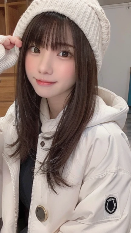 masterpiece, highest quality, one girl,17 year old beautiful girl、 (beautiful girl, delicate girl:1.3), (13 years old:1.3), extremely fine-grained clarity, (symmetrical eyes:1.3), (it's snowing, Diamond dust, outside:1.2), (White Winter Jacket, knit hat:1.3), small breasts, brown eyes, parted bangs, brown hair, young girl, (Eye and face details:1.0), (upper teeth, best smile:0.1), (get closer to the face, Enlarge your face, face focus:1.1)