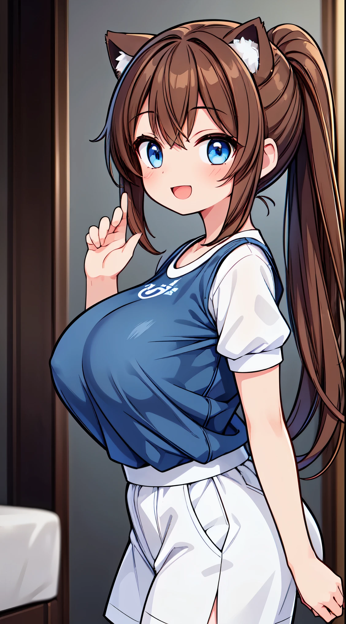 (super fine illustration:1.2),(masterpiece, 8k), (best quality, high quality:1.4), perfect anatomy, hyper detailed, ultra detailed,masterpiece background,beautiful detailed background, v8k wallpaper,perfect design,award-winning art,atmospheric,
BREAK, (Cute:1.5),(Chibi:0.6),(kawaii:1.5),(:0.5),BREAK,1 beautiful girl, ( girl), Very detailed, colourfull, highest details, BREAK, (Huge breasts: 1. 2), Clear skin, Beautiful skin, Shy skin, 1 beautiful girl, (Brown hair:1.75), (Cat ears, Ponytail, medium-Long hair: 1. 2), (Light blue eyes, long eyelashes, Double eyelids: 1. 2),Solo,gleaming skin, Clear skin, Beautiful skin,(best quality face),(Top quality glowing eyes),(The best smile,:D:1.45), nose blush, sleepy, grin, open mouth, skin,Clear skin, Beautiful skin,( A smile:1.5),
BREAK white ribbon,((white shirt)),((gym navy blue clothes)),white sox,standing,whole body,High five,school classroom,
BREAK,wakame,wakame,wakame,(from side,cowboy shot:1.5) , hanging breasts, nose blush, heavy breathing, steam, ((:o):1.2)
BREAK,(Blurry background:1.3),(absurderes, hight resolution, Super Detail Art),cel shading,Clear Color, Lonely optical effect, Beautiful pictures, Bright glow, mystic atmosphere,(Close-up of girl:0.8), Mystical light particle effect,manga influence, clean line drawings