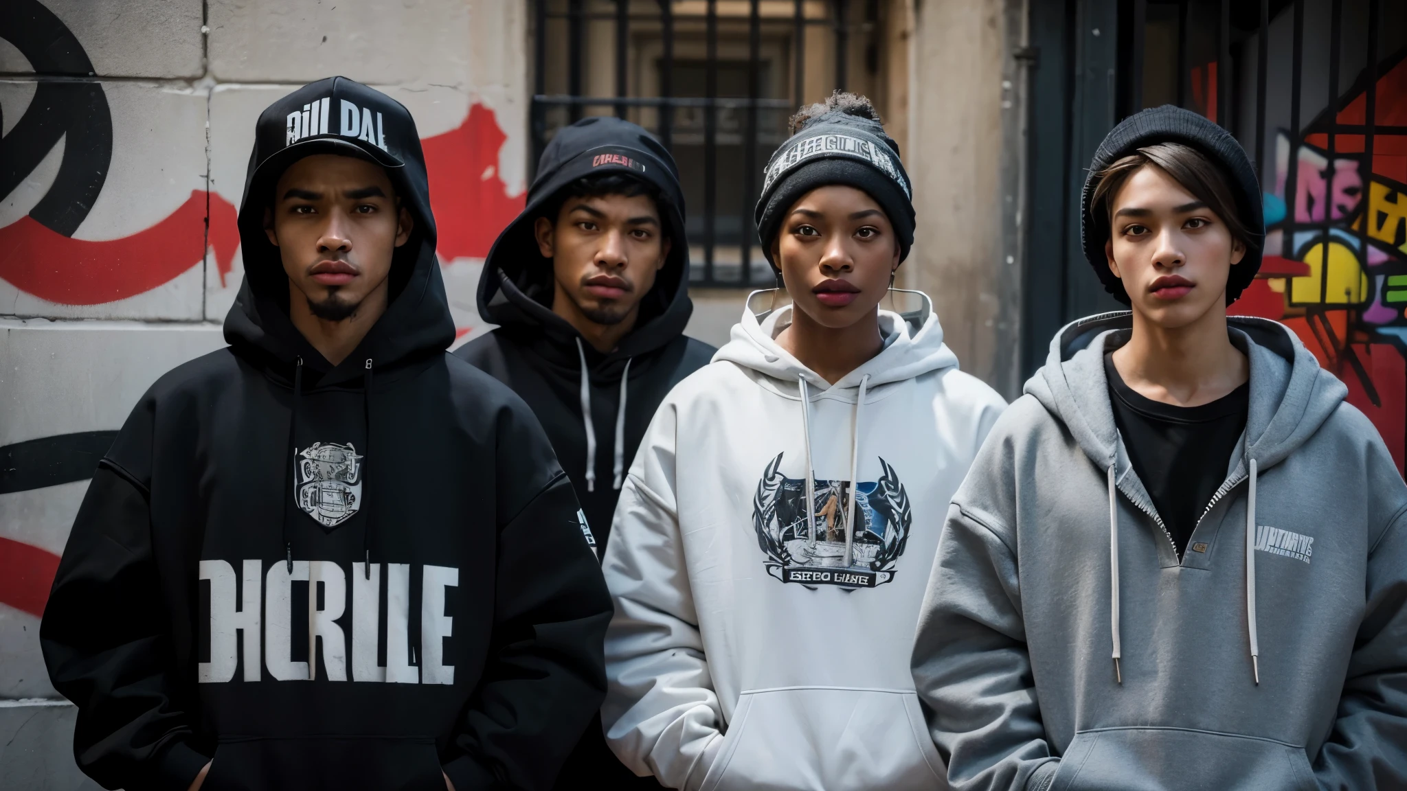 thugs,crew,hoodies,fullface,uk,drill,hd,graffiti,best quality,4k,8k,highres,masterpiece:1.2,ultra-detailed,realistic:1.37,fierce expressions,intimidating demeanor,urban backdrop,rugged style,dynamic poses,night-time setting,aggressive energy,colorful graffiti art,clear and sharp focus,detailed clothing textures,vivid colors,street culture,low lighting,hustle and bustle,dynamic composition,gritty aesthetic,bold and confident attitudes,authentic urban atmosphere,strong and muscular figures,high-contrast lighting,impressive facial features,determined and focused expressions,street fashion,candid moments,energetic movement,raw emotions,gritty urban landscape,charged atmosphere,fast-paced action,loud and vibrant,urban fashion,high-definition details,hard-hitting beats,authentic representation,creative visual storytelling,edgy and raw,impressive street art,raw talent,gritty vibes