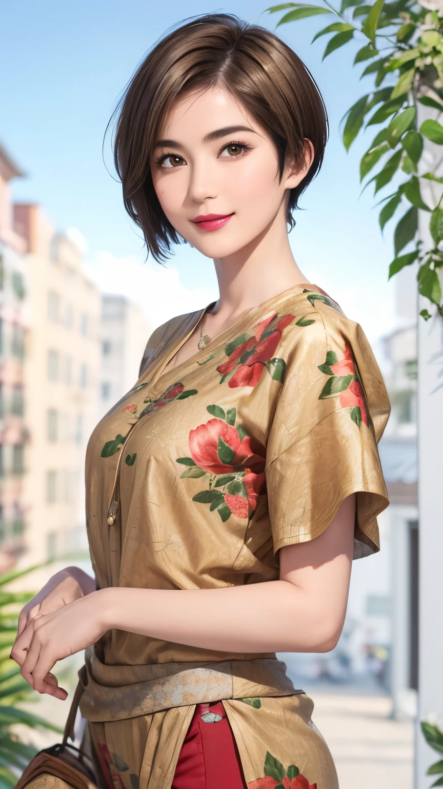 149
(20 year old woman,floral print outfit,pants), (Super realistic), (high resolution), ((beautiful hairstyle 46)), ((short hair:1.46)), (gentle smile), (brest:1.1), (lipstick)
