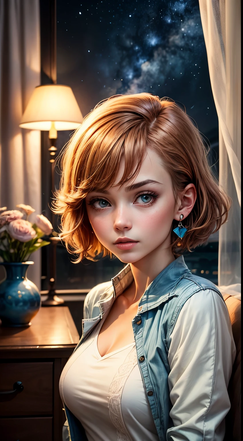 best quality, (masterpiece:1.2), illustration, absurdres, (1girl, solo), (beautiful detailed girl), ((upper body, portrait)),, Kaela MacMillan, short hair, orange hair, blue eyes, medium breasts, blue crystal earrings, white jacket, , cool, calm, looking at viewer,, inside elegant bedroom, night, window, curtain, starry sky, lamp, bookcase, nightstand, vase, desk,