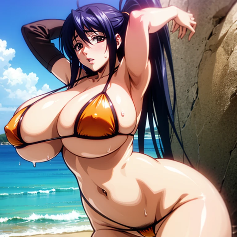 mujer madura, akeno, cabello corto, cabello negro, orange ribbon in hair, micro bikini negro, pechos gigantes,( pezones marcados en el micro bikini), labios, Cara traviesa, ruborizada, Nube,Curvy body, cansada, sudorosa, grueso, standing, piernas abiertas, arms up, ( wet). En la playa