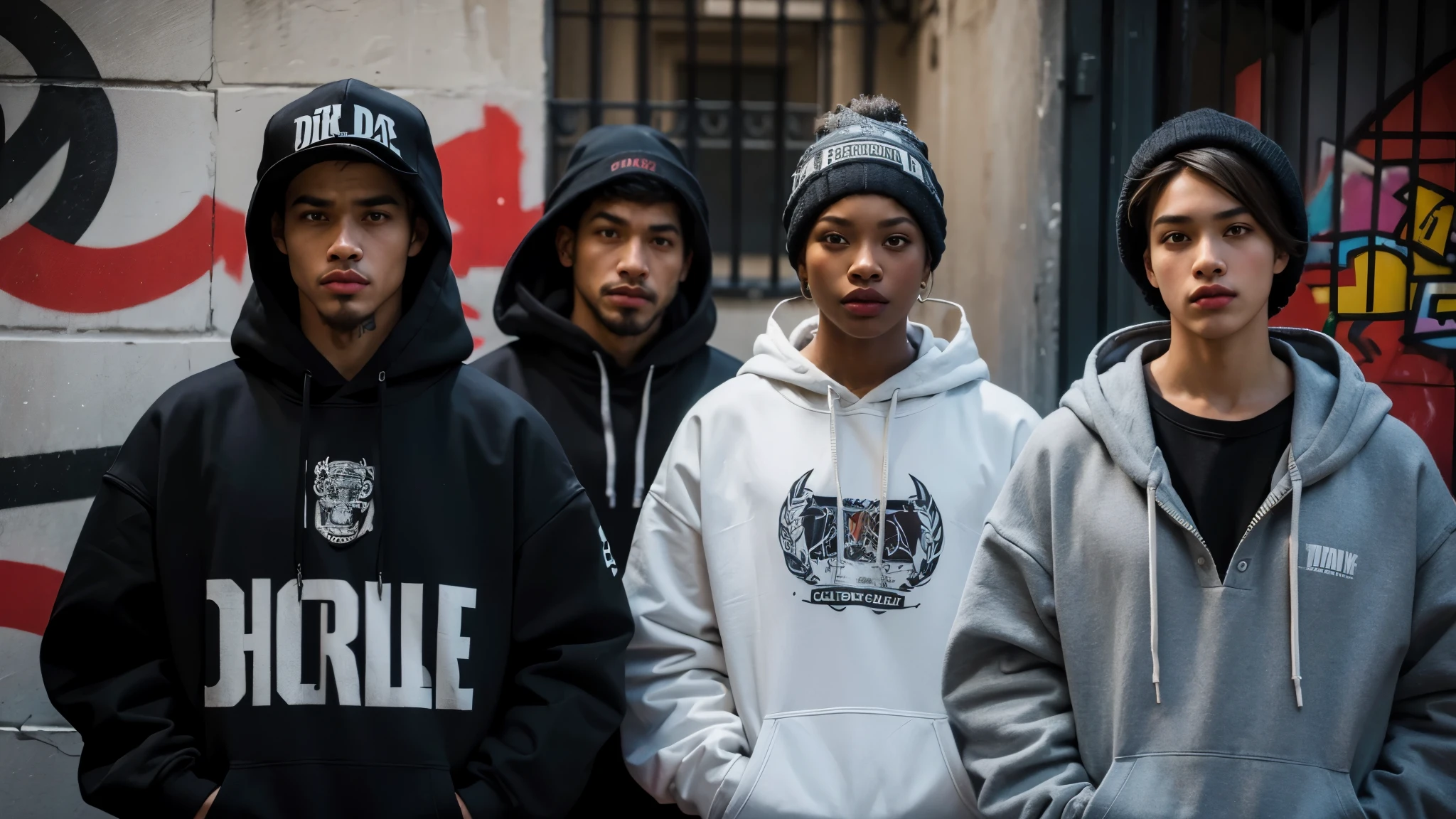 thugs,crew,hoodies,fullface,uk,drill,hd,graffiti,best quality,4k,8k,highres,masterpiece:1.2,ultra-detailed,realistic:1.37,fierce expressions,intimidating demeanor,urban backdrop,rugged style,dynamic poses,night-time setting,aggressive energy,colorful graffiti art,clear and sharp focus,detailed clothing textures,vivid colors,street culture,low lighting,hustle and bustle,dynamic composition,gritty aesthetic,bold and confident attitudes,authentic urban atmosphere,strong and muscular figures,high-contrast lighting,impressive facial features,determined and focused expressions,street fashion,candid moments,energetic movement,raw emotions,gritty urban landscape,charged atmosphere,fast-paced action,loud and vibrant,urban fashion,high-definition details,hard-hitting beats,authentic representation,creative visual storytelling,edgy and raw,impressive street art,raw talent,gritty vibes