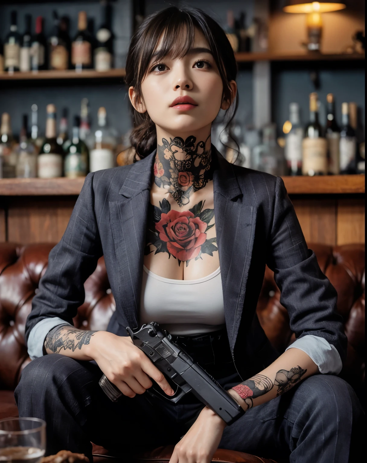Photoreal、realistic skin texture、tattoo、gun
