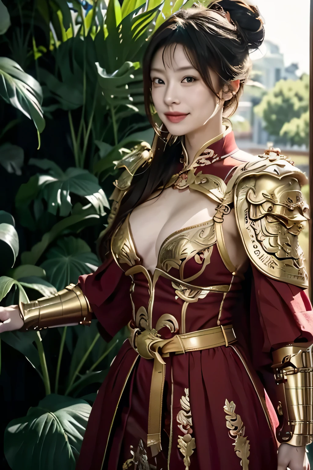 Chinese girl，Finely engraved picture section，Detail the eyes，Crimson cape， metal pauldron，Metal armor，Breasts are full and erect，Gold hairband，majestic，Smile（open mouth）（The corners of the mouth are raised），、（Hair in a bun：1.5），（Hair bun raised high）。wilderness background（grassland background）