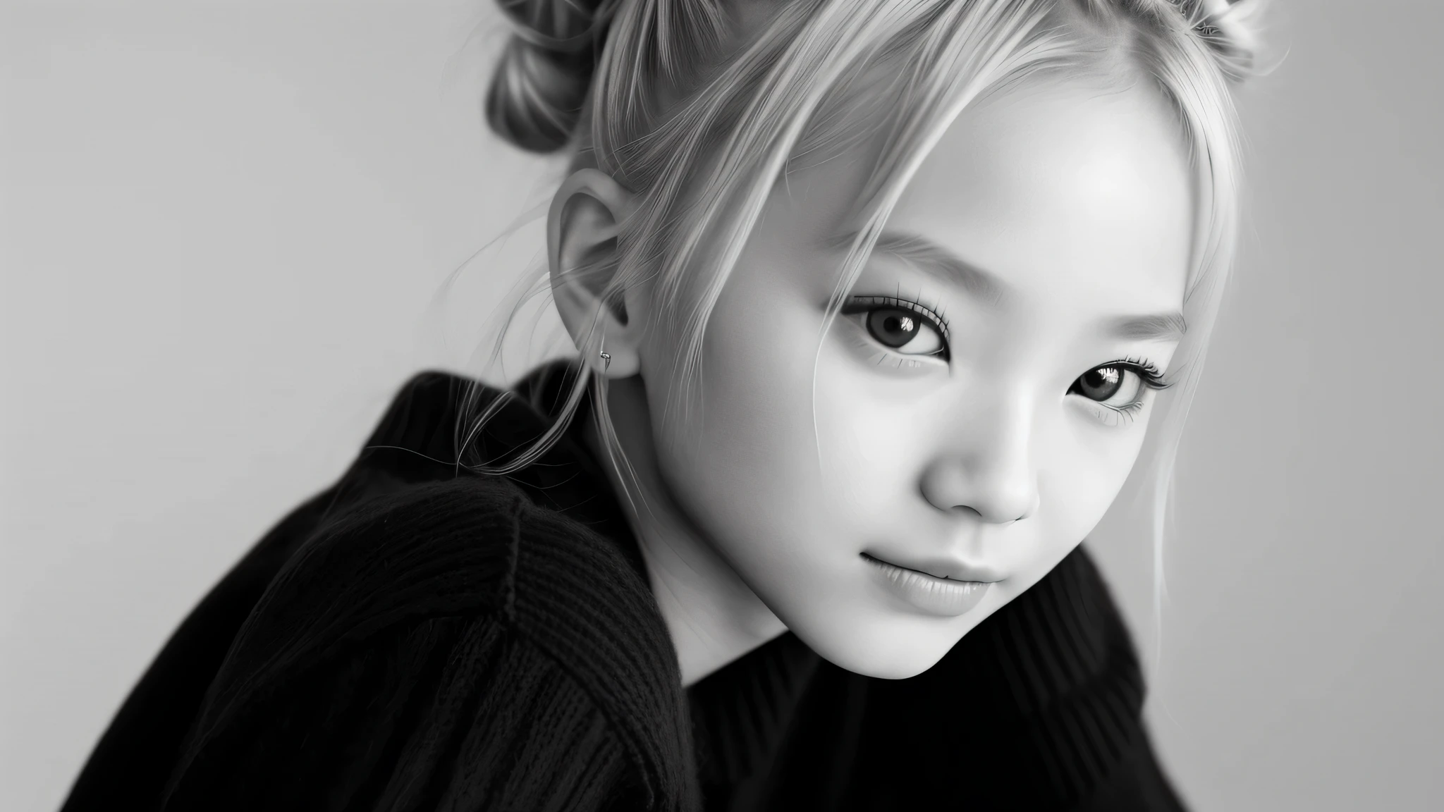 black and white photo of a girl kids blonde hair bun with a sweater on and glass, portrait black and white, close up portrait photo, black and white portrait, 1 3 5 mm nikon portrait, beautiful portrait photo, studio potrait, taejune kim, seseon yoon, jaeyeon nam, kids model, editorial KIDS portrait, high detail portrait photo,