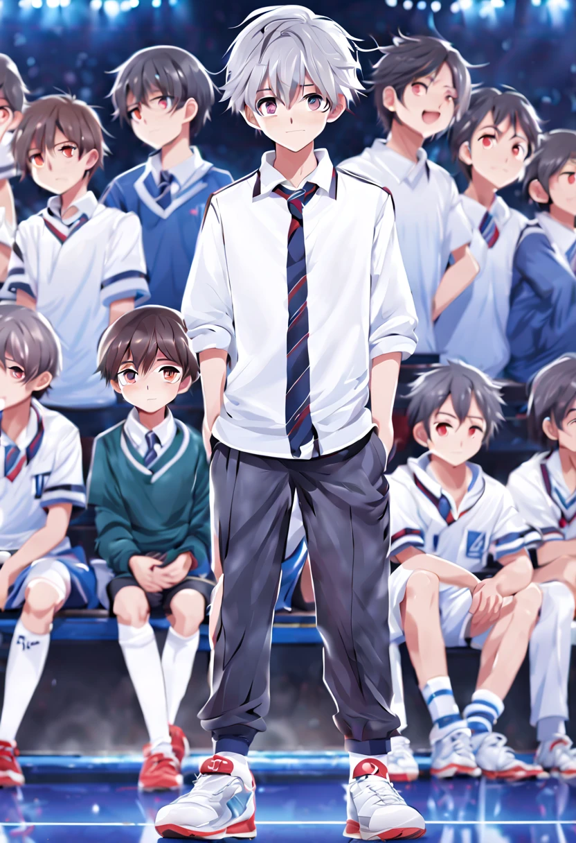 Unparalleled masterpiece,best quality,8K quality,unparalleled clarity,full body character,panoramic, delicate face,
a boy,sports student,Handsome boy,Lovely,12 years old,Shota,anime characters,heterochromatic eyes,look at the audience,giggle,male focus,Gray hair is messy,sportswear,Lift your pants,Open your legs to the audience,sitting position,white socks,Living room background,clear picture