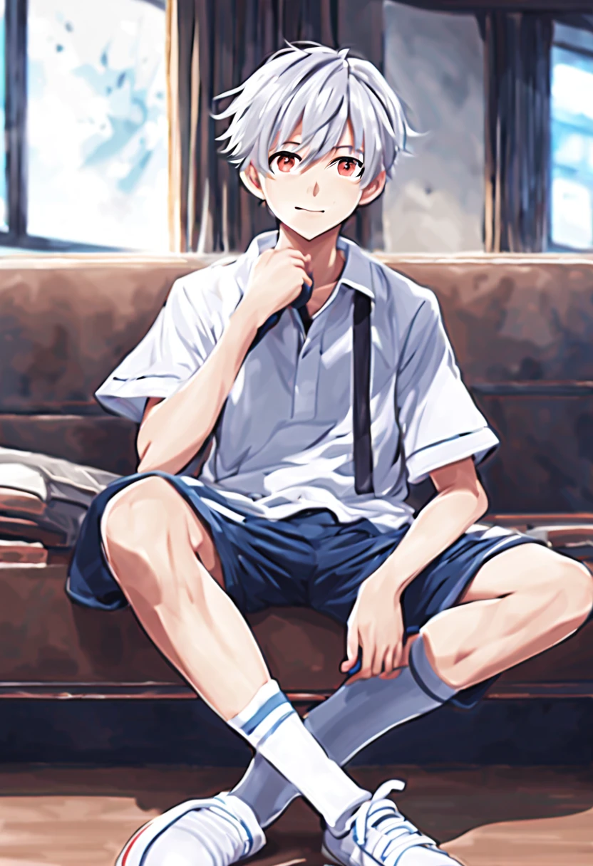 Unparalleled masterpiece，best quality，8K quality，unparalleled clarity，full body character，panoramic， delicate face，
 a boy，sports student，Handsome boy，Lovely，12 years old，Shota，anime characters，heterochromatic eyes，look at the audience，giggle，male focus，Gray hair is messy，sportswear，Lift your pants，Open your legs to the audience，sitting position，white socks，Living room background，clear picture