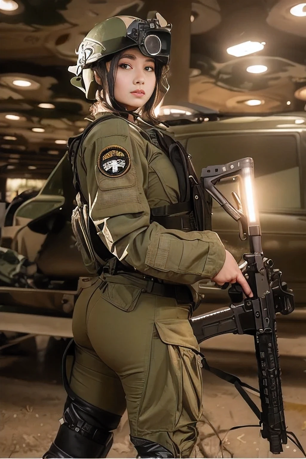 araffe in a military uniform with a gun and a helmet, kim kardashian as a cop, dressed in tactical armor, thicc, wearing tactical gear, military girl, wearing techwear and armor, female sheriff, mechanized soldier girl, beautiful female soldier, wearing military outfit, soldier girl, wearing military uniform, wearing a military uniform, ready for combat, indian army badge