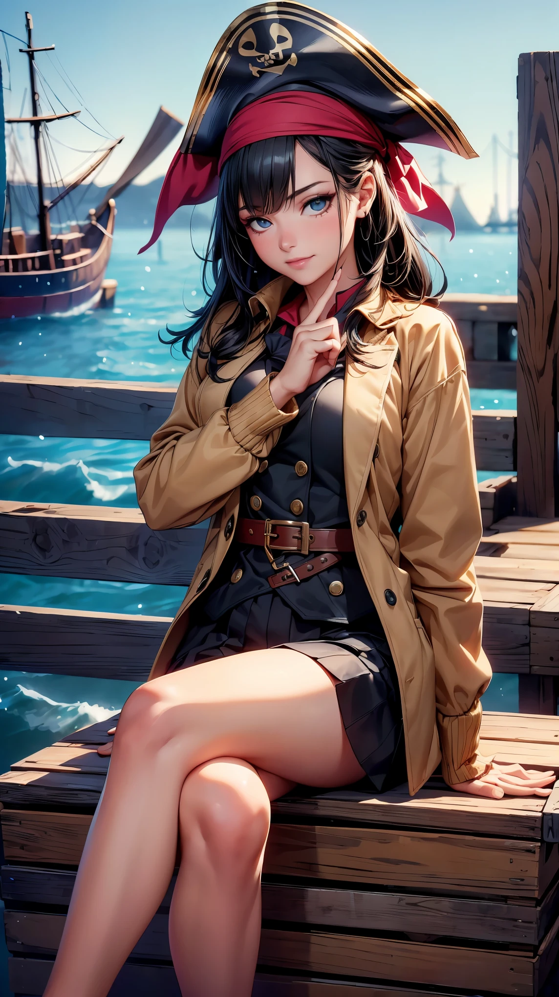 (8K, RAW photo, 最high quality, masterpiece:1.2), High-definition RAW color photo, Professional photo shoot, cinematic light, (((young woman, gal))), (Sharp features), (Big eyes), (small face), (high detail skin:1.2), cute face, beautiful appearance, long eyelashes, (black hair), (slim body:1.5), (clean breasts), very detailed顔と肌の質感, detailed eyes, natural makeup, (Pirate Costume:1.2, eyepatch, Wearing a jacket), (((wooden cratesの上に座る, cross your legs))), smile, staring eyes, beautiful skin, shiny skin, (sea background:1.2, Pirate ship deck, wooden crates), perfect fingers, five fingers, anatomically correct, winter background, background bokeh, high quality, surreal, bright colors, ((very detailed, photo shoot)),