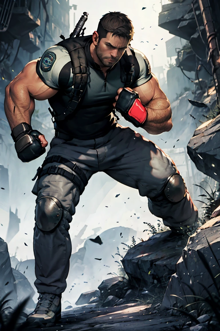 Chris redfield is punching a giant rock.