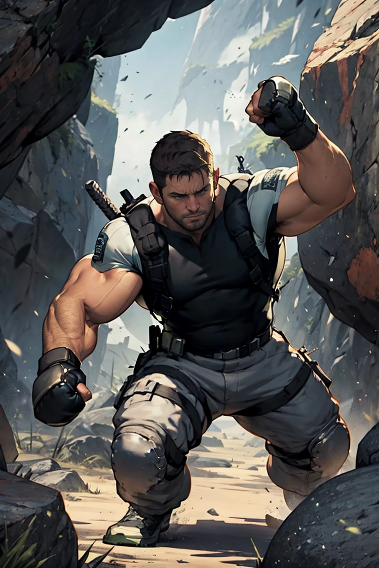 Chris redfield is punching a giant rock.