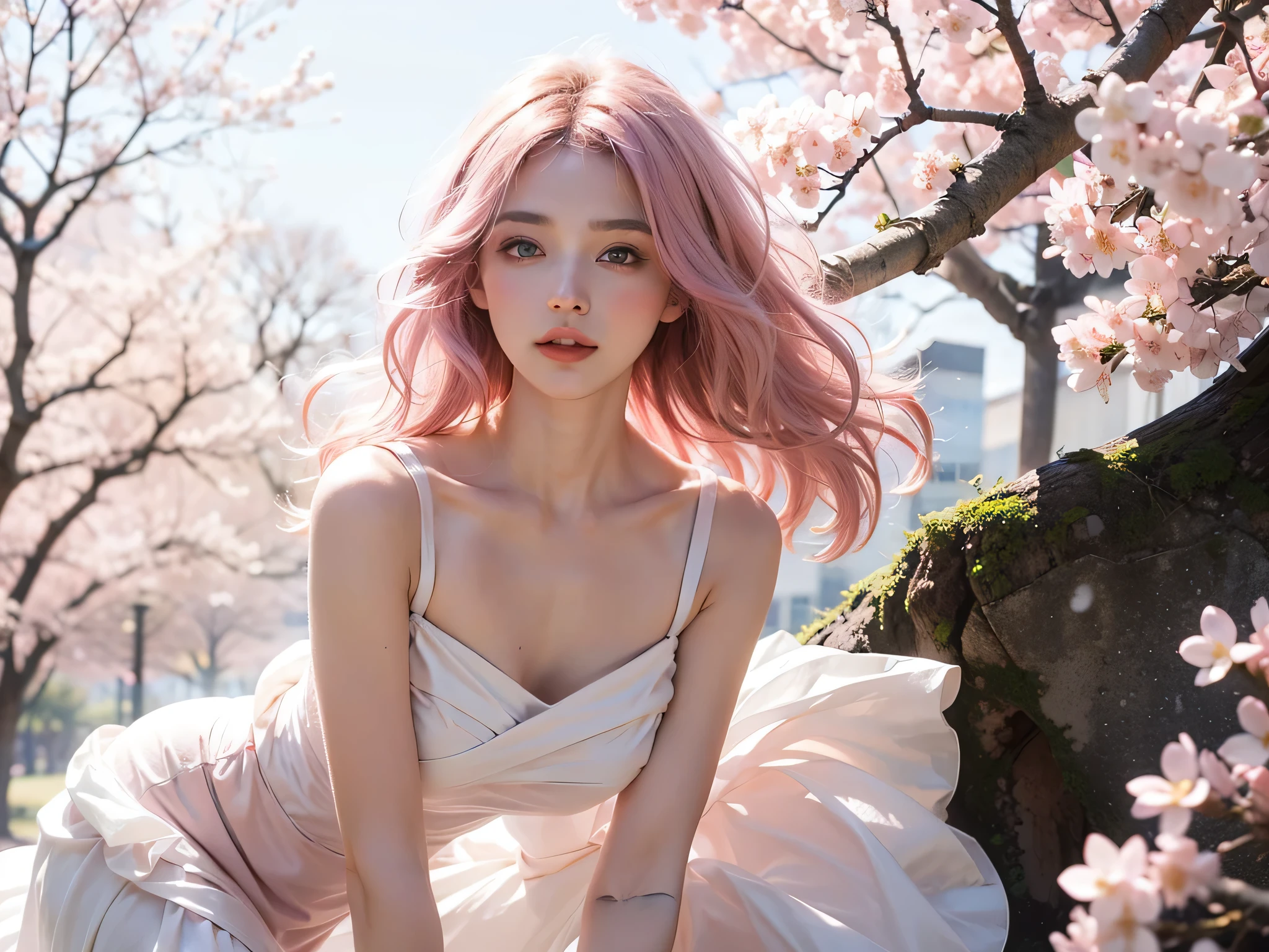 light pink hair, pink eyes, in Pink and white, Cherry blossom leaves, bright colors, white dress, paint splatter, simple background, Ray tracing, curls