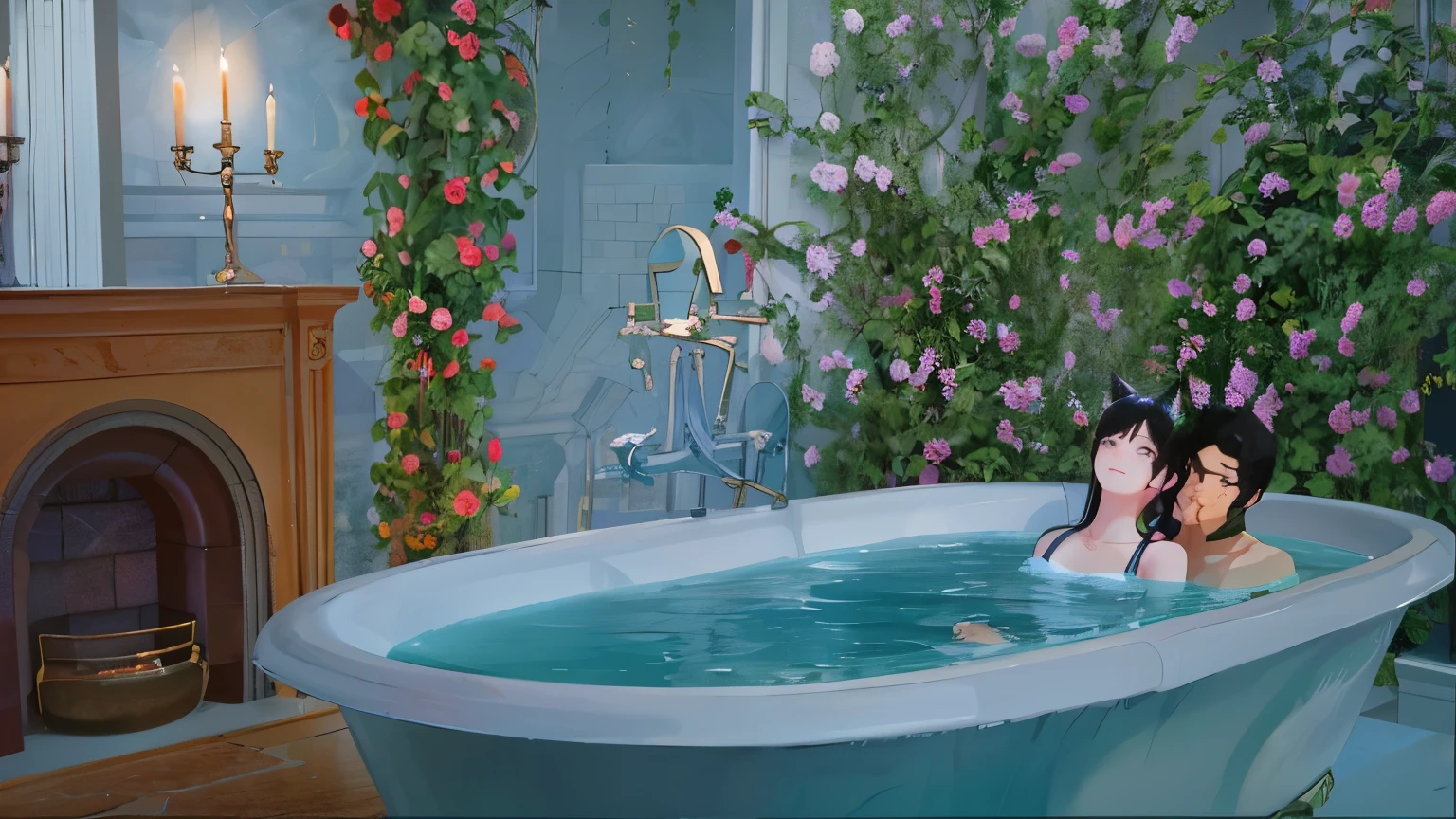 there are two people in a bathtub with a fireplace in the background, a couple, a girl and a man, handsome man, cute girl, girl with cat ears, romantic, taking a bath together, best quality, best lightning,