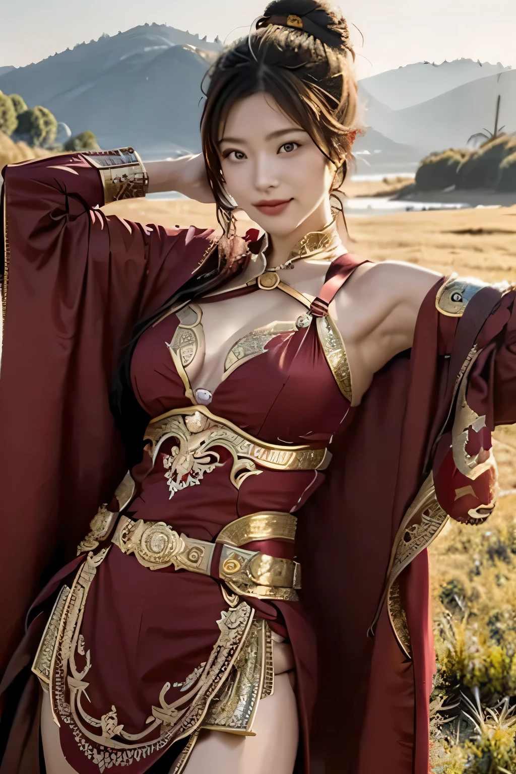 Chinese girl,Finely engraved picture section,Detail the eyes,Crimson cape, metal pauldron,Metal armor,Breasts are full and erect,Gold hairband,majestic,Smile(open mouth)(The corners of the mouth are raised),、(Hair in a bun:1.5),(Hair bun raised high)。wilderness background(grassland background)