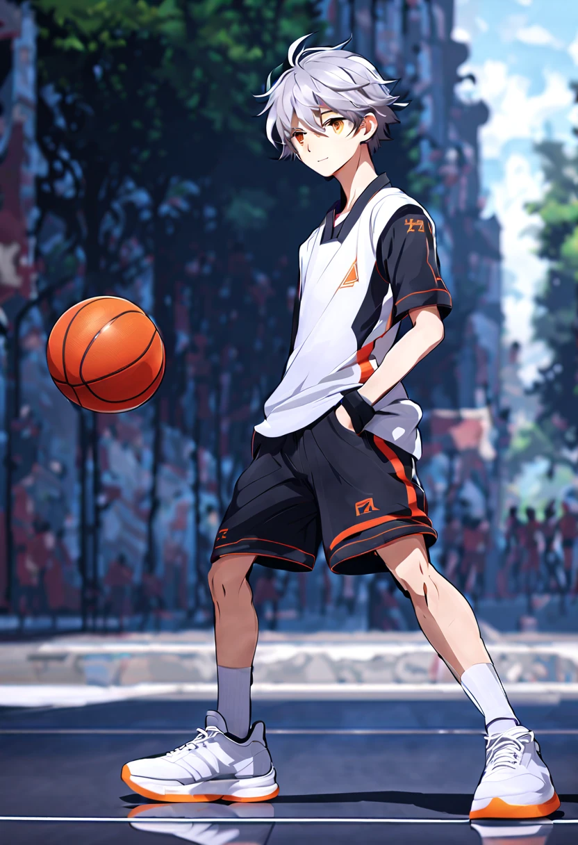 Unparalleled masterpiece,best quality,8K quality,unparalleled clarity,full body character,whole body, Delicate face,
a boy,sports student,Handsome boy,cute,13 years old,anime characters,long legs,orange eyes,smirk,Male focus is prominent,Gray hair is messy,whole body黑色紧身套装,muscle ,Protrusion and sagging between the legs,White basketball shoes,standing posture,white socks,Street background,Facing the audience,Face clear with gloves