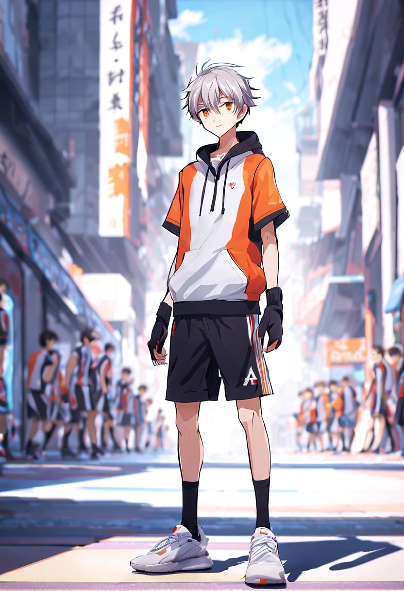 Unparalleled masterpiece,best quality,8K quality,unparalleled clarity,full body character,whole body, Delicate face,
a boy,sports student,Handsome boy,cute,13 years old,anime characters,long legs,orange eyes,smirk,Male focus is prominent,Gray hair is messy,whole body黑色紧身套装,muscle ,Protrusion and sagging between the legs,White basketball shoes,standing posture,white socks,Street background,Facing the audience,Face clear with gloves