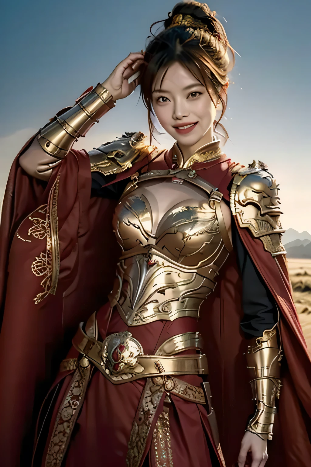 Chinese girl，Finely engraved picture section，Detail the eyes，Crimson cape， metal pauldron，Metal armor，Breasts are full and erect，Gold hairband，majestic，Smile（open mouth）（The corners of the mouth are raised），、（Hair in a bun：1.5），（Hair bun raised high）。wilderness background（grassland background）