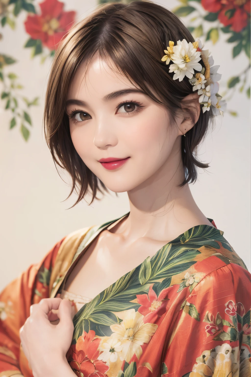 149
(20 year old woman,floral print outfit,pants), (Super realistic), (high resolution), ((beautiful hairstyle 46)), ((short hair:1.46)), (gentle smile), (brest:1.1), (lipstick)
