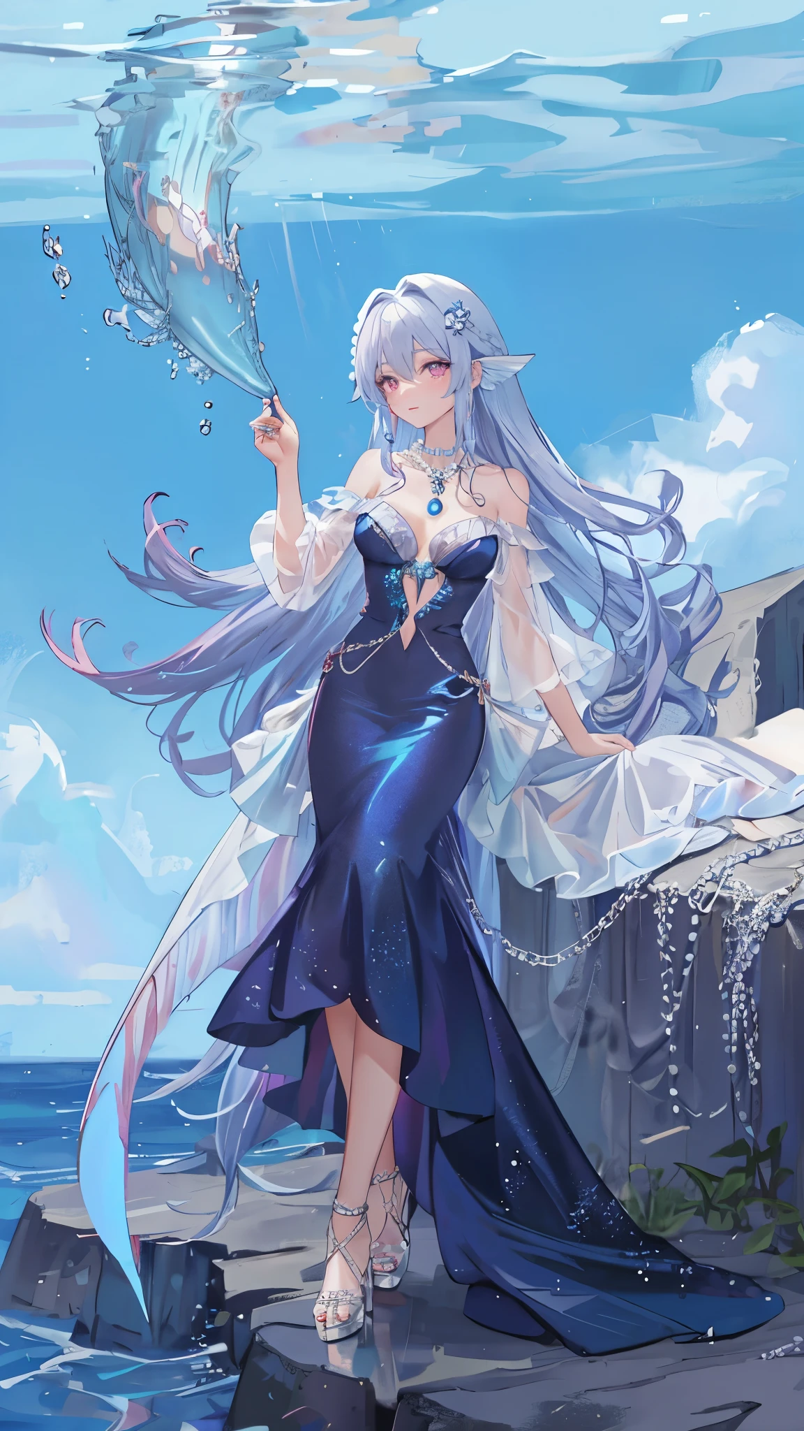 海long blue hair,close up,dream world,Mermaid girl, 海long blue hair,Nice pink eyes,underwater,tear nevus,Mermaid ears,(pearl head chain,necklace),necklace,Long off-the-shoulder blue dress,humanoid, Poseidon temple background, her skin is white, fair complexion,pink eyes,long blue hair, High heel,black legs,tattoo