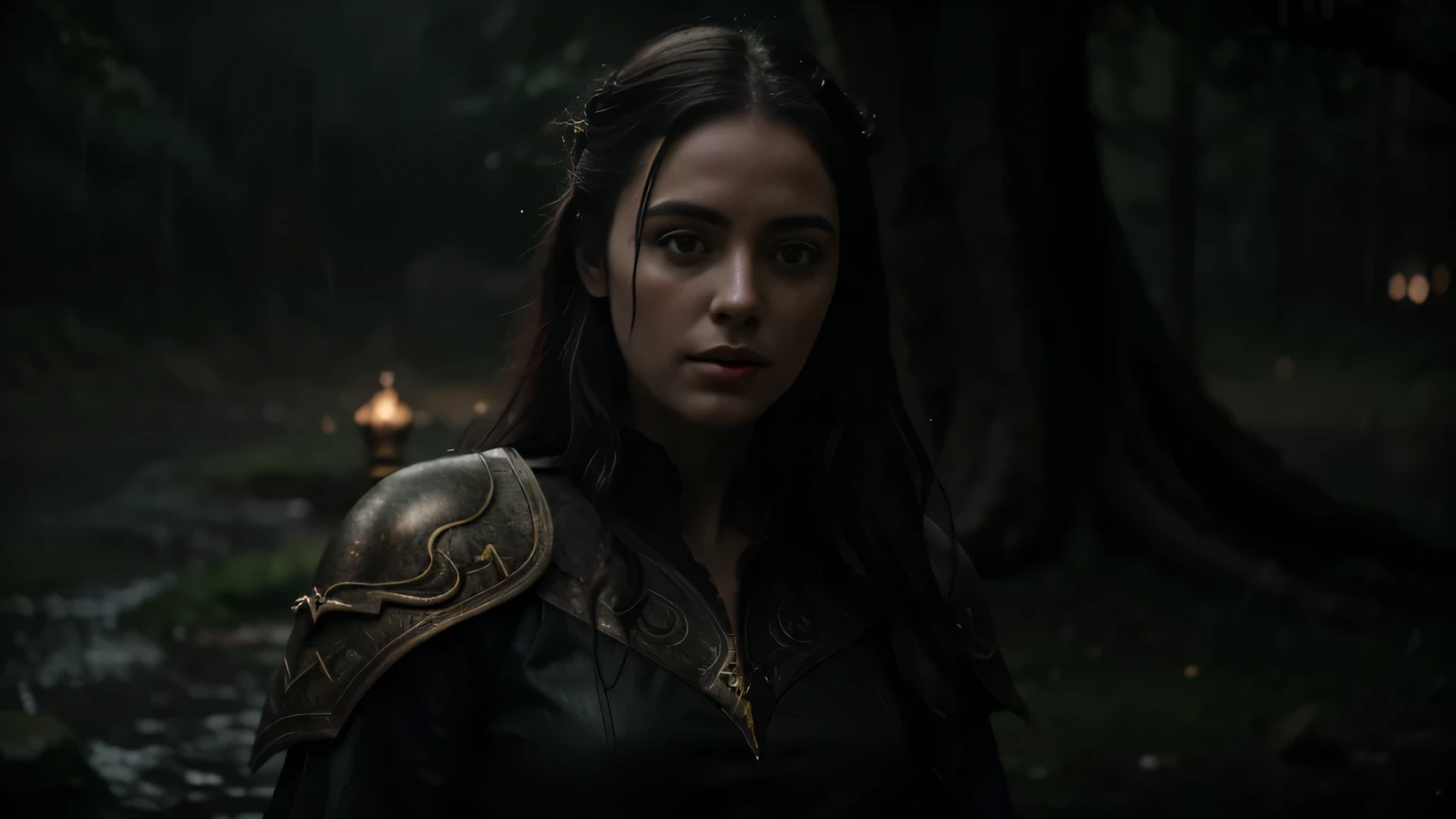 Elara came to the ancient tree, fantasy style, cinematic, detailed, 8k, sharp focus, dark fantasy style, at evening during rain, beautiful and aesthetic, photography, cinematic, 8k, high detailed, detailed face.