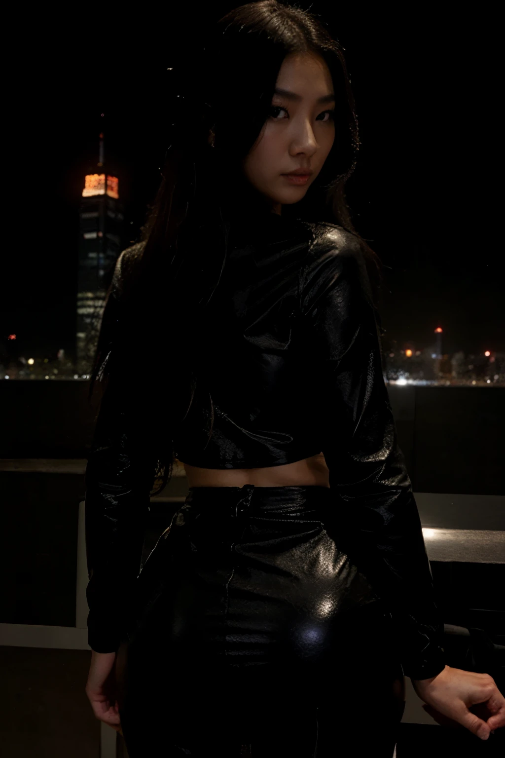 a rear shot of a woman in a shiny black leather outfit for a picture wearing black shades, asian woman, beautiful asian woman, japanese goddess, photorealistic perfect body, asian hyperdetailed, seductive. highly detailed, gorgeous chinese model, beautiful asian woman, asian, asian woman, chinese girl, with dark complexion, korean girl, very sexy outfit, revealing outfit, standing on top of a high rise building at night