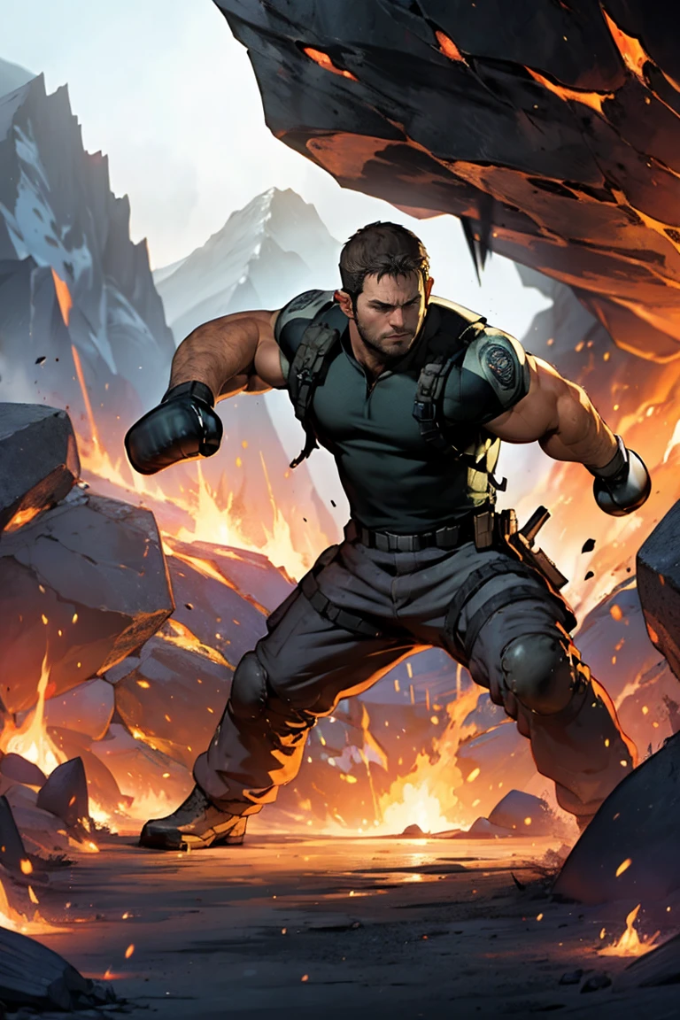 Chris redfield is punching mountains, lava mines.