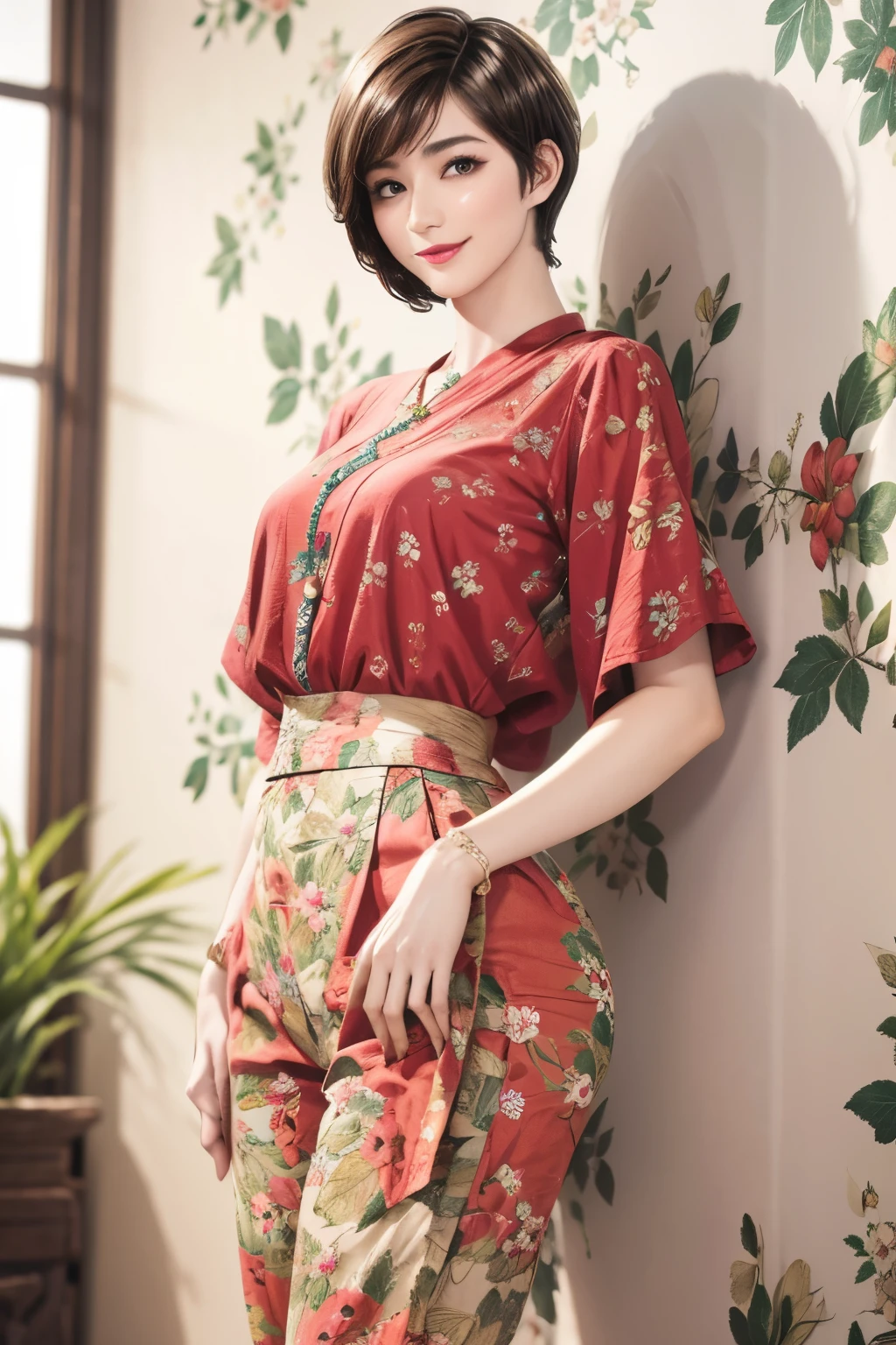 149
(20 year old woman,floral print outfit,pants), (Super realistic), (high resolution), ((beautiful hairstyle 46)), ((short hair:1.46)), (gentle smile), (brest:1.1), (lipstick)