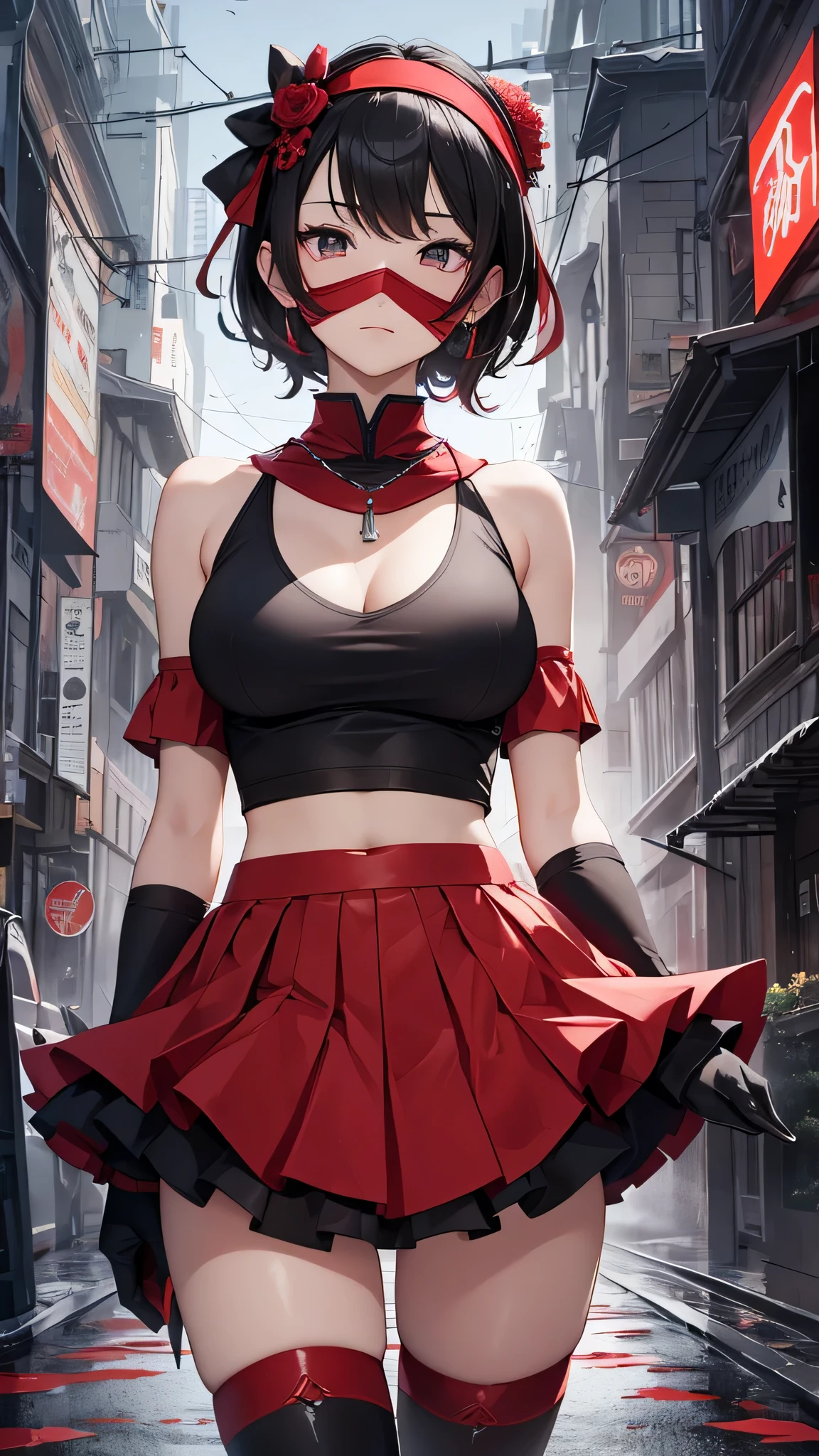 最high quality、best image quality、masterpiece、teenage girl((18-year-old、 By becoming、vest bust、medium bust,wide open breast tea、black eye, black hair、shortcut、short hair、thin,highest valley、Perforated gloves、Hachimaki、My whole body is full of scars、black tank top、red short skirt、anger、red necklace、black stockings、red boots、red heat mask)),high quality、beautiful art、background((Dark road、Red rain、red lighting、Red Moon、bloody road)),debris flies、Depth of written boundary、movie、visual art、perfect art、8K,genuine