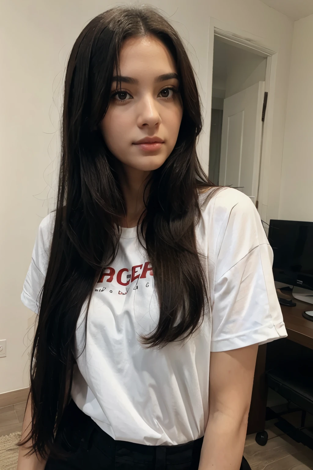 18 ans. Des levres pulpeuses rose, des cils longs, seins naturel enorme sous le tee shirt, Golden skin, Long dark black hair, wavy at the back, Very light brown oriental eyes, couleur miel, fluffy turned, ((Grosses joues)), en habit jogging, showing its beauties, dans un bureau, Realstic, Masterpiece, High quality, brightness, ombre, (Teinte chaude, ton chaud)