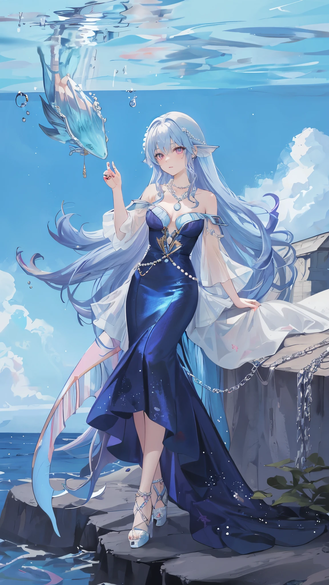 海long blue hair,close up,dream world,Mermaid girl, 海long blue hair,Nice pink eyes,underwater,tear nevus,Mermaid ears,(pearl head chain,necklace),necklace,Long off-the-shoulder blue dress,humanoid, Poseidon temple background, her skin is white, fair complexion,pink eyes,long blue hair, High heel,black legs,tattoo