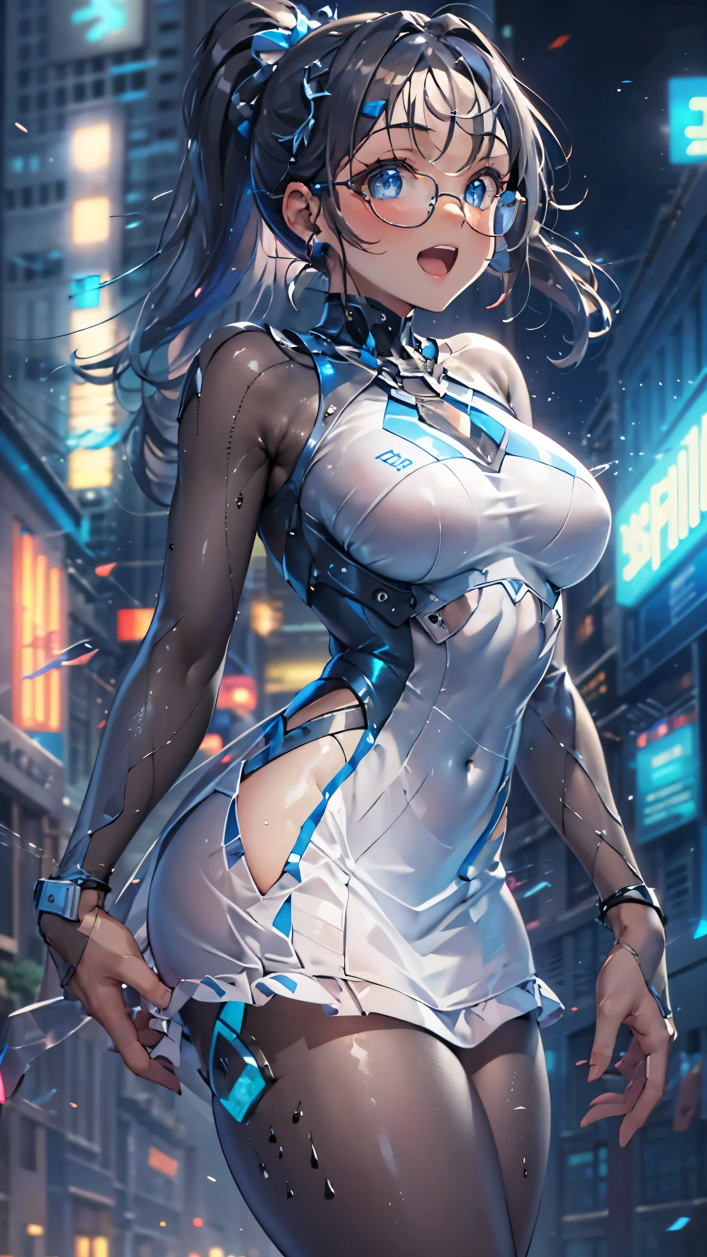 woman,,,city,night,(((white and blue tight miniskirt bodysuit))),,open mouth smile((See-through))Glasses,((Beautiful long ponytail)),((baby girl bohape))