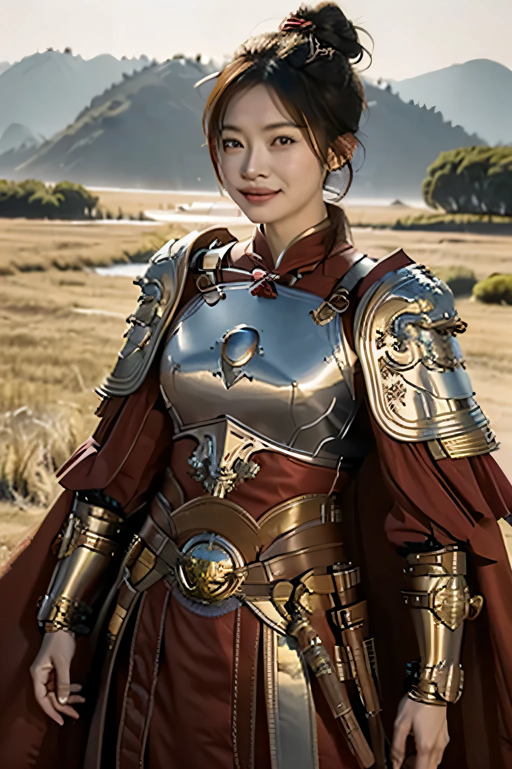 Chinese girl,Finely engraved picture section,Detail the eyes,Crimson cape, metal pauldron,Metal armor,Breasts are full and erect,Gold hairband,majestic,Smile(open mouth)(The corners of the mouth are raised),、(Hair in a bun:1.5),(Hair bun raised high)。wilderness background(grassland background)