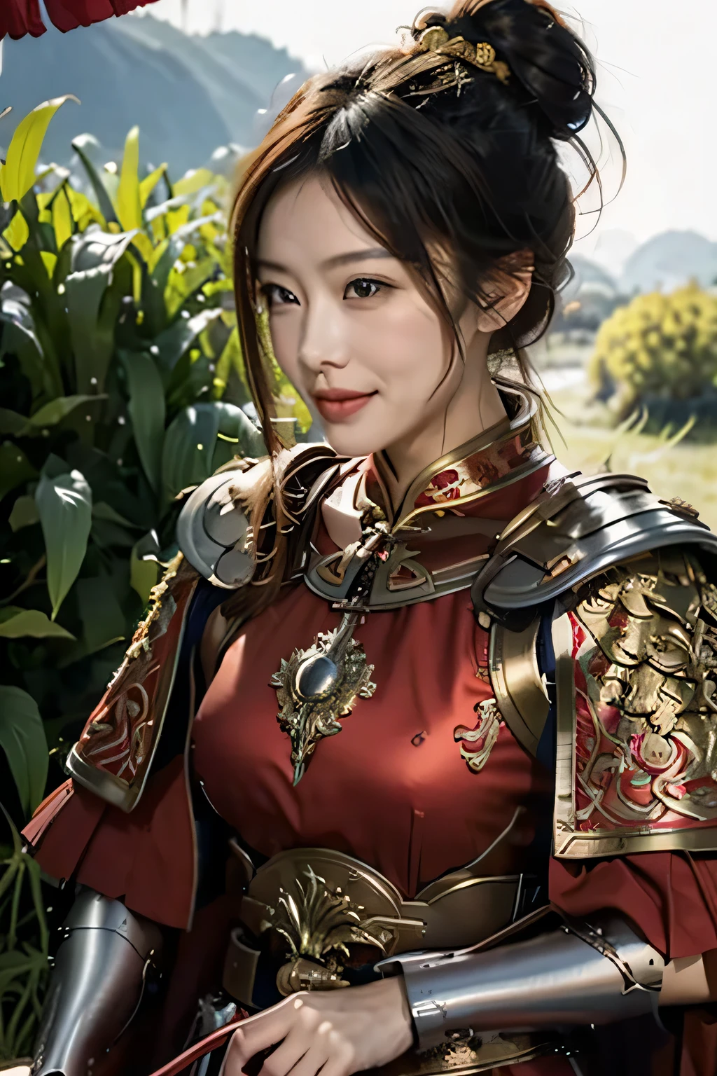 Chinese girl，Finely engraved picture section，Detail the eyes，Crimson cape， metal pauldron，Metal armor，Breasts are full and erect，Gold hairband，majestic，Smile（open mouth）（The corners of the mouth are raised），、（Hair in a bun：1.5），（Hair bun raised high）。wilderness background（grassland background）