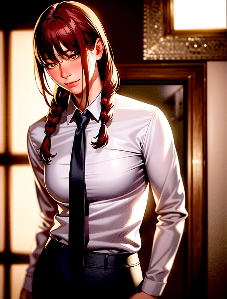 detailed shiny skin, (realistic, photo-realistic:1.4), a pretty girl, standing, looking out of window, white shirt, collared shirt, black necktie, black trousers, long sleeves, slight smile (nose blush), yellow eyes + ringed eyes, short hair + red hair + long braided hair, makima \(chainsaw man\)