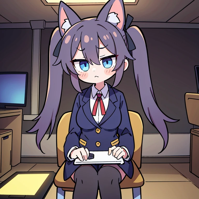 one girl, be characterized by short stature ,very long twin tails ,absurdly long hair,f cup,big breasts, has long twintails that touch the floor, has Anubis' Kemonomimi ,jackal Kemonomimi ,long jackal Kemonomimi ,The inside of the kemomimi is yellow, blue eyes , black hair , Attach the ribbon only to the left side of the twin tails , -hag/s,sit in an office chair, Inside the dark and eerie security guard room,wear men's suits, look at the Tablet, , A panicked face, a panicked look, holding a tablet, late at night, alone,Go to your desk, Look down,long night ,Power outage, darkness,addicted to looking at the tablet,electricity goes out ,freddy fazbear nearby  