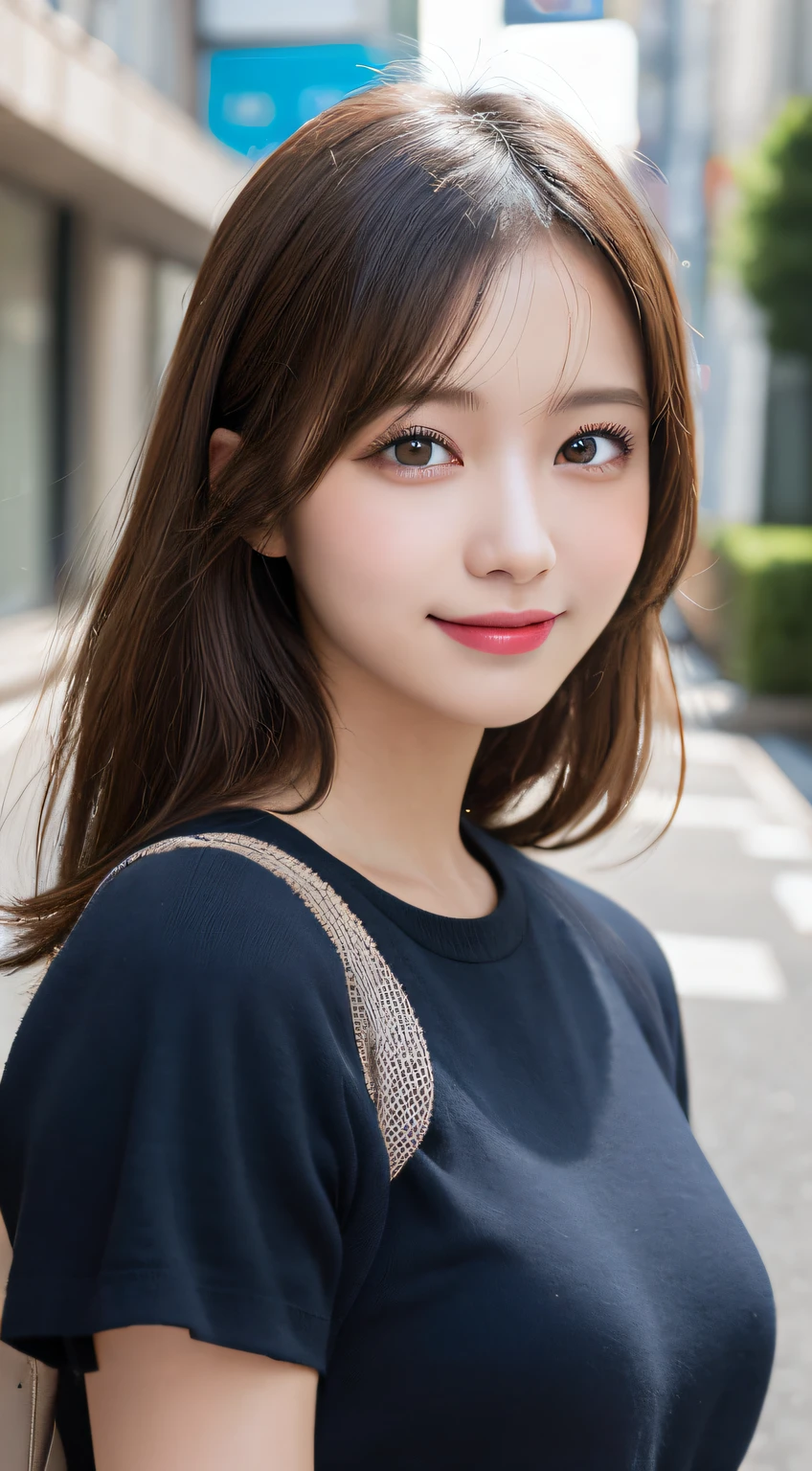 masutepiece, Best Quality, Illustration, Ultra-detailed, finely detail, hight resolution, 8K Wallpaper, Perfect dynamic composition, Beautiful detailed eyes, doress,Medium Hair, Big are visible, Natural Color Lip, Random and sexy poses,Smile,Aoyama Street Walk、20 years girl