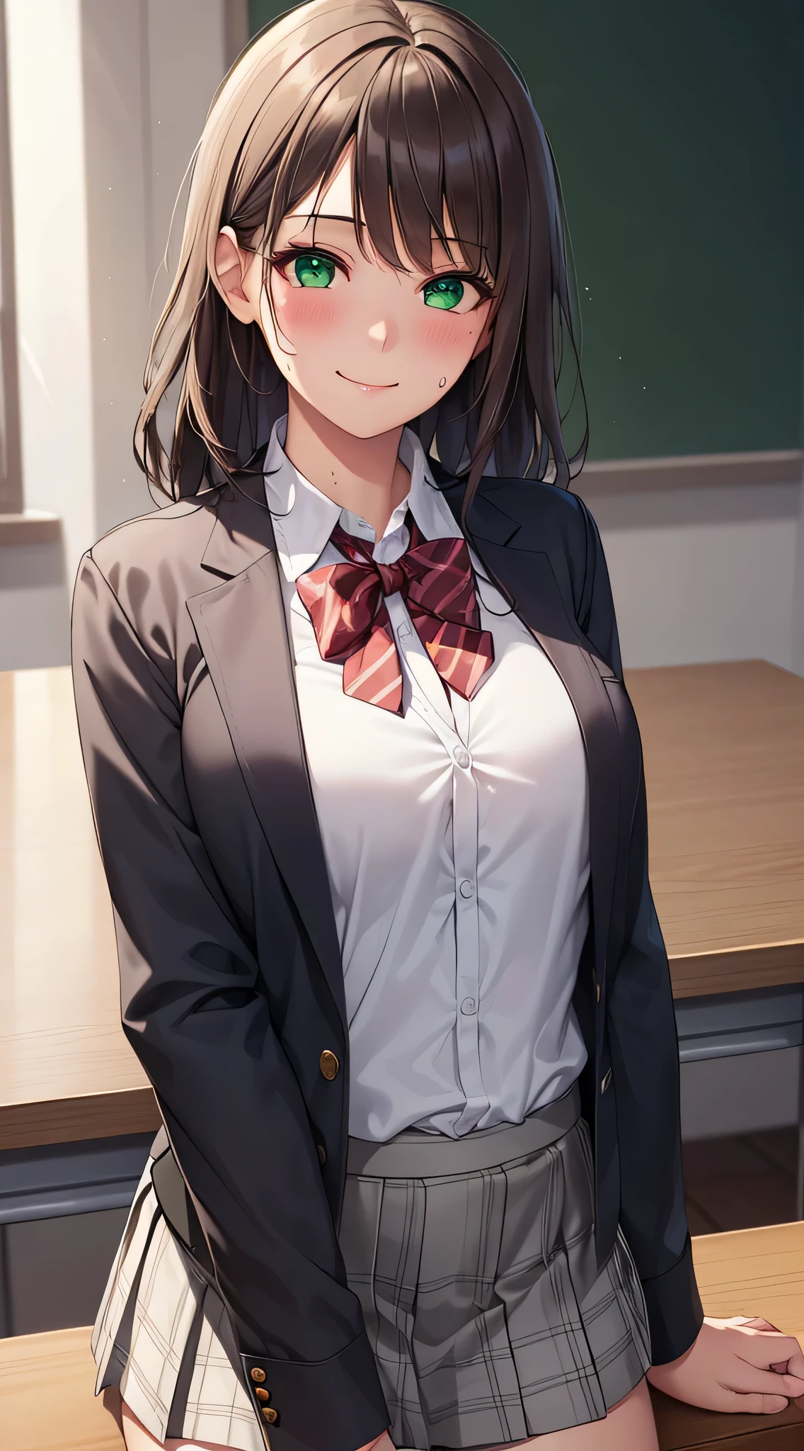 ((table top, highest quality, High resolution, perfect pixel, written boundary depth, 8K)), 1 girl, high school student, beautiful girl, ((brown hair, curly hair:0.8)), ((green eyes:1.4, beautiful eyelashes, realistic eyes)), ((detailed face, blush:1.2)), ((smooth texture:0.75, realistic texture:0.65)), medium breasts, dynamic angle, perfect body,sweaty, red bow tie, school uniform, black jacket, open jacket, Brown cardigan, (transparent white shirt and underwear), black skirt, plaid skirt, smile