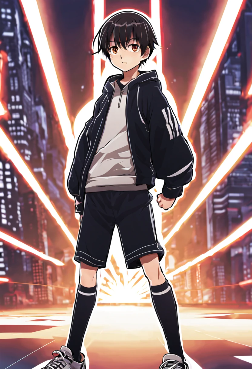 wearing a tights,Shota,a boy,,anime image,killeghting stance,black shorts