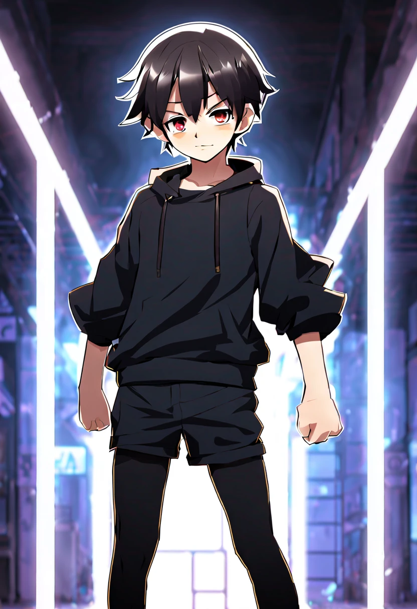 wearing a tights,Shota,a boy,12 years old,anime image,killeghting stance,black shorts