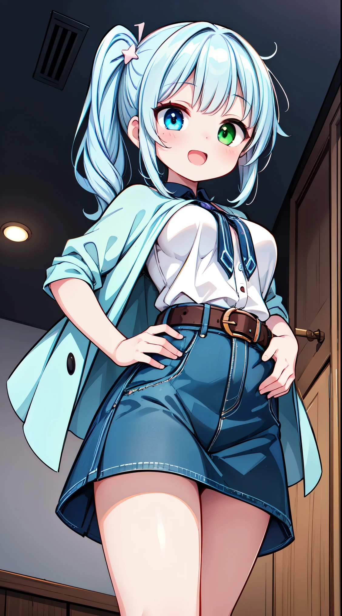 (super fine illustration:1.2),(masterpiece, 8k), (best quality, high quality:1.4), perfect anatomy, hyper detailed, ultra detailed,masterpiece background,beautiful detailed background, v8k wallpaper,perfect design,award-winning art,atmospheric, BREAK, 1 beautiful girl, (17 years old girl),Solo,(Cute:1.5),(Chibi:0.6),(kawaii:1.5),(:0.5),BREAK,(17 years old girl), 1 beautiful girl,Very detailed,colourfull,highest details,Clear skin,Beautiful skin,Shy,Very detailed,colourfull,highest details,BREAK,Clear skin,Beautiful skin,Shy skin,BREAK,(Heterochromia,blue eyes,Green eyes, Eye Highlights,The first hyperfine stars:1.45),star eye silhouette ,BREAK,(pale blue hair, Medium length:1.4),(side ponytail,A little curly hair,Princess Cut, crossed bangs:1.3),(large breasts,Beautiful breasts(best quality face),(Top quality glowing eyes),(The best smile,:D:1.45), BREAK hands in pocket, close-up thighs,
Tejano Ranchera Fusion,
Embroidered blouse featuring bright floral patterns,
Denim skirt with embroidered details for a modern twist,
Playful mix of traditional and contemporary elements,
Classic cowboy boots with decorative stitching,
Silver concho belt as a statement accessory,
Layered silver jewelry for a ranchera vibe,
Sun-kissed makeup with warm tones,
Loose waves or natural hairstyles for a relaxed look,
Serape or poncho as an additional layer for cooler evenings, BREAK indoors, living room, BREAK,wakame,wakame,wakame,(from below,cowboy shot:1.5) , hanging breasts, nose blush, heavy breathing, steam, ((:o):1.2) BREAK,(Blurry background:1.3),(absurderes, hight resolution, Super Detail Art),cel shading,Clear Color, Lonely optical effect, Beautiful pictures, Bright glow, mystic atmosphere,(Close-up of girl:0.8), Mystical light particle effect,manga influence, clean line drawings