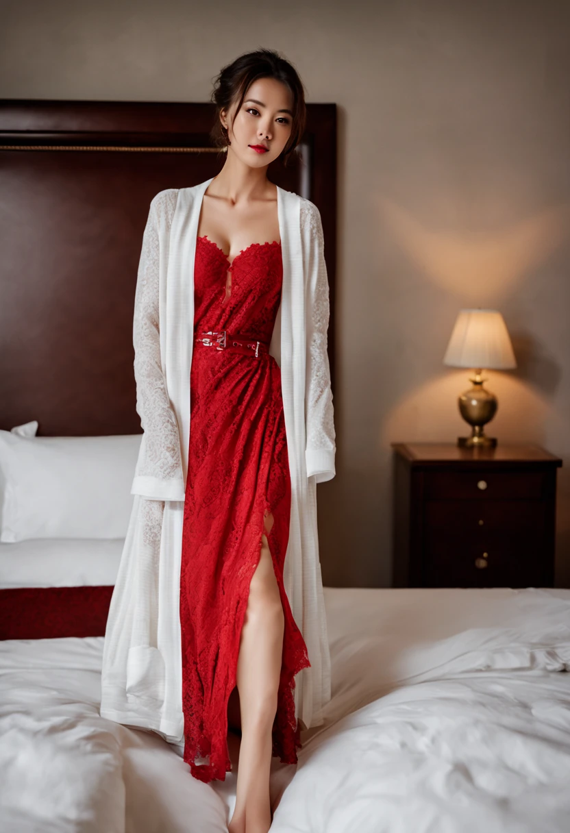 ((top-quality,​masterpiece:1.2,8K,Raw photography,portlate,Reality Photography,Beautiful bright dimming)),(((Bewitching beautiful adult woman,1girl in,22year old))),Smooth and perfect body,(((NONSFW,Luxury red lace lingerie dress,White cardigan,off shoulders,natural make up,Thin makeup))),((F-cup,long and beautiful legs,Female Secretary)),A slight smil,Gentle eyes like a puppy,Beautiful and clear eyes,(nighttime scene,Luxury hotel beds:1.2),big eye,Perfect limbs,(Full Body),(cute face:1.15),(huge breasts:1.2)high-heels,big hips, medium thighs