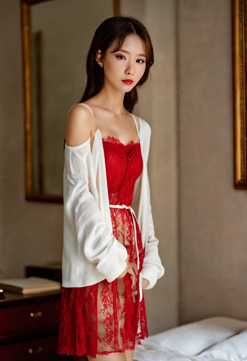 ((top-quality,​masterpiece:1.2,8K,Raw photography,portlate,Reality Photography,Beautiful bright dimming)),(((Bewitching beautiful adult woman,1girl in,22year old))),Smooth and perfect body,(((NONSFW,Luxury red lace lingerie dress,White cardigan,off shoulders,natural make up,Thin makeup))),((F-cup,long and beautiful legs,Female Secretary)),A slight smil,Gentle eyes like a puppy,Beautiful and clear eyes,(nighttime scene,Luxury hotel beds:1.2),big eye,Perfect limbs,(Full Body),(cute face:1.15),(huge breasts:1.2)high-heels,big hips, medium thighs