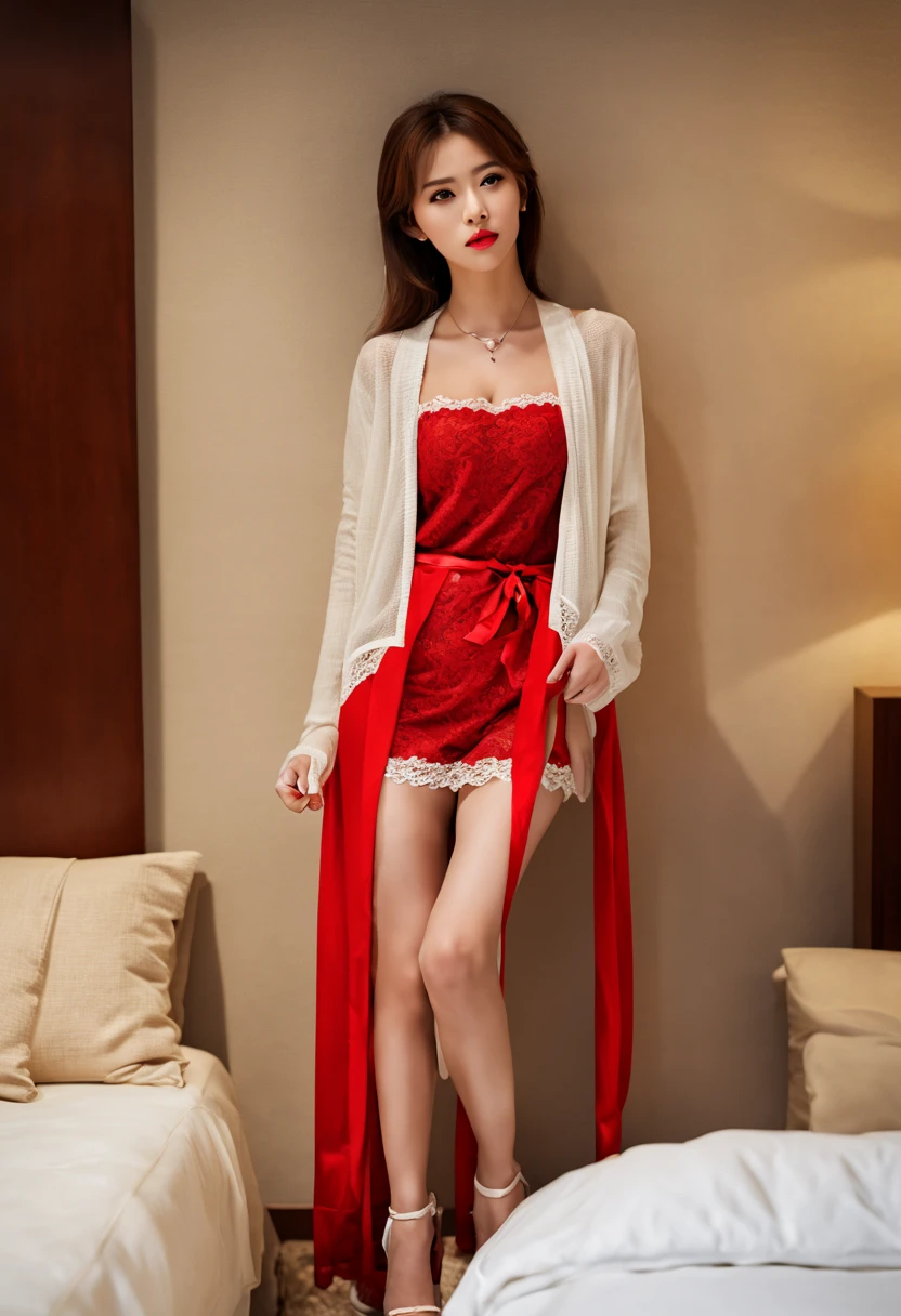 ((top-quality,​masterpiece:1.2,8K,Raw photography,portlate,Reality Photography,Beautiful bright dimming)),(((Bewitching beautiful adult woman,1girl in,22year old))),Smooth and perfect body,(((NONSFW,Luxury red lace lingerie dress,White cardigan,off shoulders,natural make up,Thin makeup))),((F-cup,long and beautiful legs,Female Secretary)),A slight smil,Gentle eyes like a puppy,Beautiful and clear eyes,(nighttime scene,Luxury hotel beds:1.2),big eye,Perfect limbs,(Full Body),(cute face:1.15),(huge breasts:1.2)high-heels,big hips, medium thighs