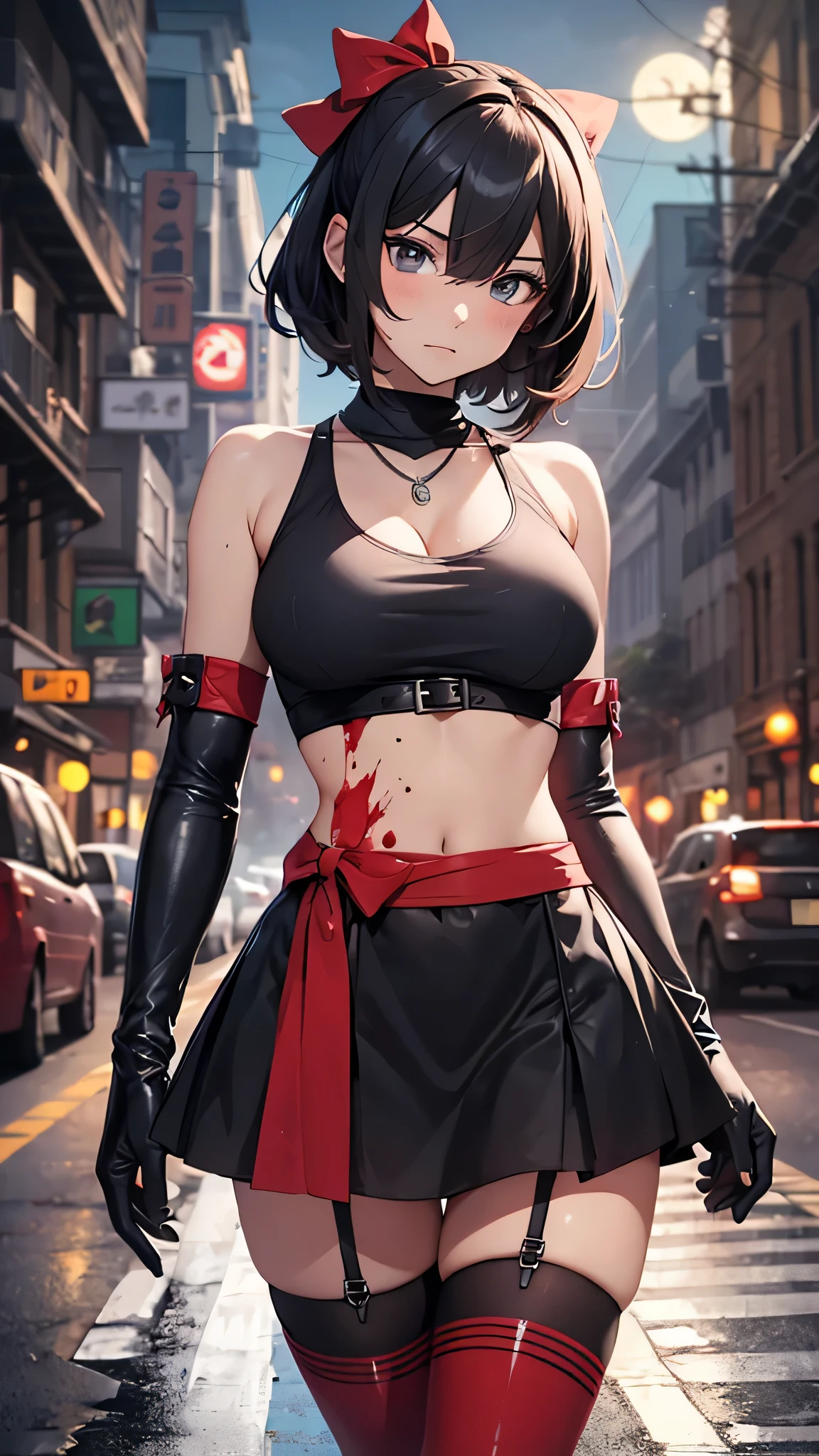 最high quality、best image quality、masterpiece、teenage girl((18-year-old、 By becoming、vest bust、medium bust,wide open breast tea、black eye, black hair、shortcut、short hair、thin,highest valley、Perforated gloves、Hachimaki、My whole body is full of scars、black tank top、red short skirt、anger expression、red necklace、black stockings、red boots、red heat mask)),high quality、beautiful art、background((Dark road、Red rain、red lighting、Red Moon、bloody road、dark city)),debris flies、Depth of written boundary、movie、visual art、perfect art、8K,genuine